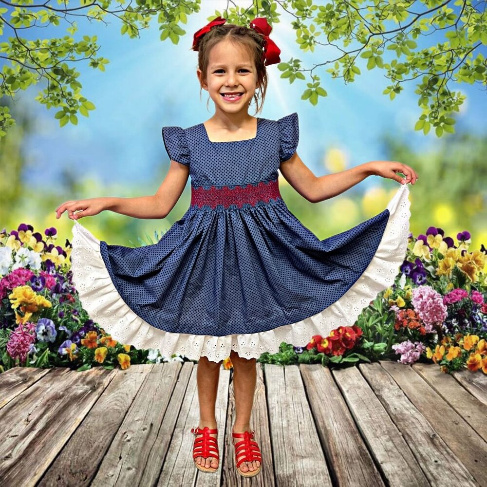 Pilluela Girls Vintage Fit & Flare Dress Polka Dot Smocked Embroidered Lace Trim